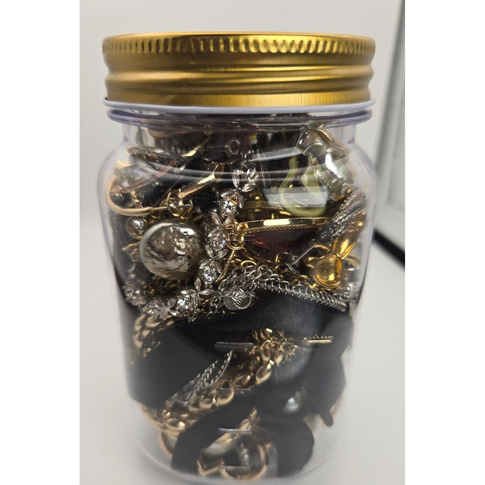 Mystery Vintage Modern Mixed Jewelry Jar 1 lb 9 oz wearable! w/brooches rings
